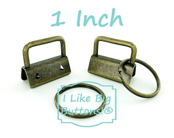 1 Inch Key Fob Hardware: 15 or 25 Sets ANTIQUE BRASS, 1" Fobs with 25mm Split Rings, DIY Wristlet Kit (Brown)