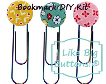 DIY Fabric Button Bookmark Kit: *Choose Size* Fabric Self Cover Buttons, Tool, & Jumbo Paper Clips with Metal Gluepad - Makes 10