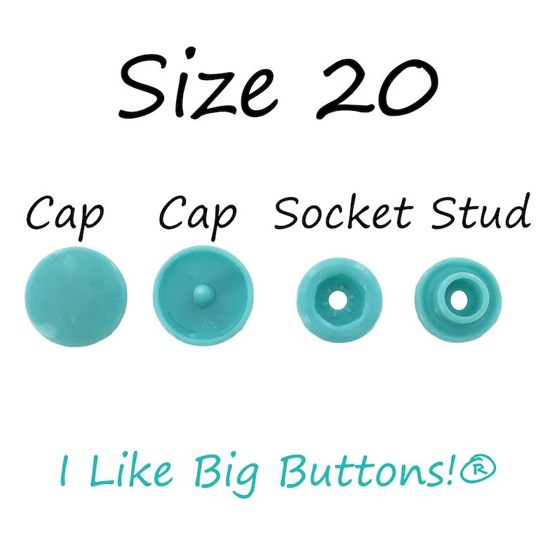 May include: Three turquoise plastic snap buttons in size 20. The buttons are labeled "Cap", "Cap", and "Socket Stud".