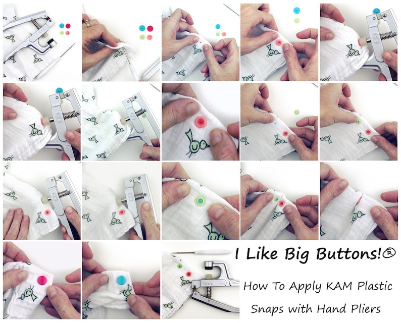 May include: A step-by-step guide on how to apply KAM plastic snaps with hand pliers. The image shows a white fabric with a bird pattern and a set of pliers with different colored snaps.