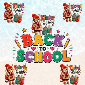 Puede incluir: Un diseño gráfico digital que presenta el texto central Back to School rodeado por cinco ilustraciones de un gato con gorro y bufanda rojos, sosteniendo un lápiz, junto a una mochila, una manzana y etiquetas de grados escolares.