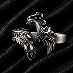 Phoenix Bird Open Ring, Adjustable Sterling Silver Ring, Mythical Bird Jewelry, Fantasy Statement Ring, Nature Inspired Gift, Unisex Ring.