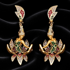 Mythic Lotus Goddess Earrings, Enchanted Dancer in Blooming Lotus, Gold Plated with Multicolor Gemstones, Gift for Women, Birthday Gift.