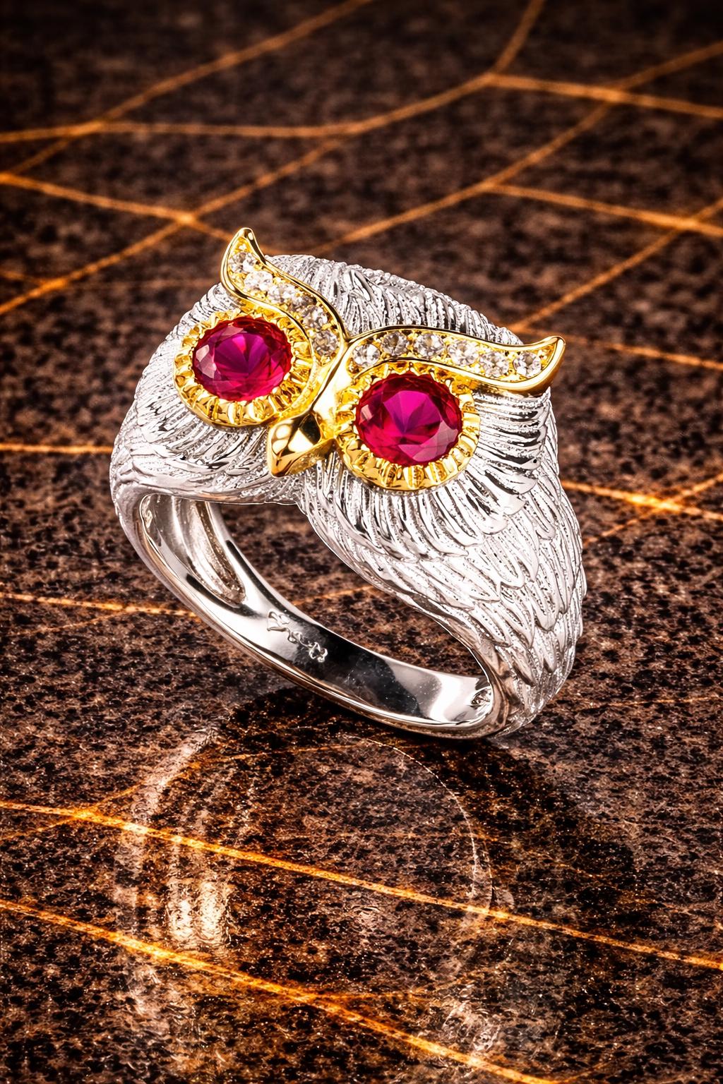 Crimson Gaze Owl Ring, Feathered Wisdom: Ruby-Eyed Owl Ring, Guardian of the Night &ndash; Diamond &