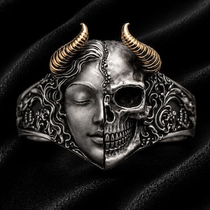 Dual Face Skull Ring, Gothic Art Ring, Sterling Silver Statement Ring, Fantasy Inspired Jewelry, Alternative Fashion Ring, Unisex love Gift