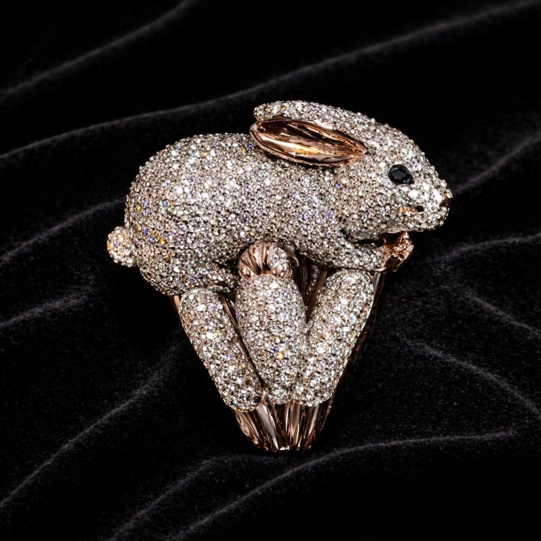 14k Gold Over Diamond Rabbit Ring,rabbit Diamond Ring,animal Rabbit ...