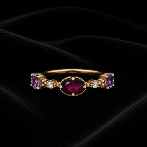 Natural Red Ruby Oval Cut Amethyst Wedding band Solid 14k Rose Gold Dainty Stacking Matching Anniversary Ring Women Gift,Promise Ring.
