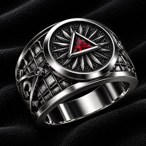 Op de afbeelding: Een zilverkleurige ring met een gedetailleerd ontwerp. De ring heeft een centraal cirkelvormig embleem met een rode driehoekige steen en een zonnestraalpatroon. De band heeft een geometrisch patroon en symbolen.