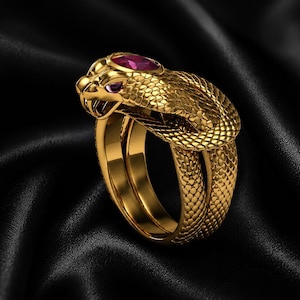14k Gold Plated Snake Ring, Ruby Color Stone Serpent Ring, Animal Lover Wrap Ring, Statement Jewelry, Handmade 925 Silver Ring, Unisex Gift.