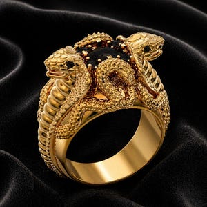 Puede incluir: Un anillo dorado con un diseño detallado de tres cobras. Las serpientes están intrincadamente esculpidas con escamas texturizadas y cabezas levantadas, rodeando un grupo de piedras preciosas negras. El anillo está sobre un fondo negro.