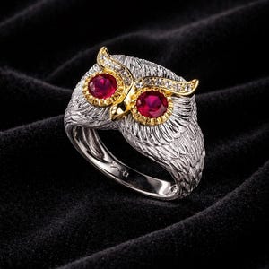 Crimson Gaze Owl Ring, Feathered Wisdom: Ruby-Eyed Owl Ring, Guardian of the Night – Diamond & Ruby Owl Ring,Mystic Owl Statement Ring .