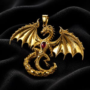 Op de afbeelding: Een goudkleurige drakenhanger met gedetailleerde schubben, uitgestrekte vleugels en een gekrulde staart. Een enkele, druppelvormige dieprode edelsteen is prominent in het midden van de borst van de draak geplaatst, met een oogje aan de bovenzijde.
