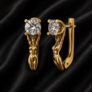 Atlas Inspired Goddess Drop Earrings, Round Cut CZ Earrings, Mythology Style Earrings, Gold Statement Earrings, Unique Gift for Women.