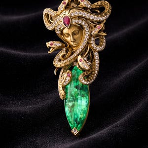 Könnte beinhalten: Goldener Anhänger mit Medusa-Design, mit einem Frauengesicht, Schlangen und einem smaragdgeschliffenen grünen Edelstein. Die Schlangen sind mit kleinen roten Edelsteinen besetzt, und der Anhänger ist mit Diamanten besetzt. Der Hintergrund ist schwarz.