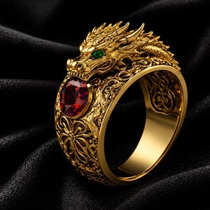 Könnte beinhalten: Ein goldener Ring mit einem skulptierten Drachenkopf mit grünen Augen. Der Drache hält einen runden, facettierten tiefroten Edelstein im Maul. Das Band ist mit komplizierten, erhabenen Schnörkelmustern verziert, die sich um den gesamten Ring ziehen.