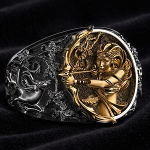 May include: A silver and gold-toned ring featuring a detailed relief carving. The gold section depicts a figure aiming a bow and arrow, while the silver section shows a leaping deer surrounded by intricate foliage and textured leaf patterns.