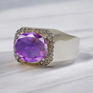 Men's East West Amethyst Ring 925 Silver, Rectangular Halo Signet Ring, Oval Purple Gemstone Him, Modern Executive, February Birthstone