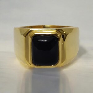 Herren Gold Schwarzer Onyx Ring, Rechteck Cabochon Siegel, Minimalist Hochglanzpolitur Band Ihm , Lünette Set Glatte Onyx , Goldschmiedeschmuck