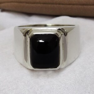 Men's Black Onyx Ring 925 Silver, Minimalist Rectangular Cabochon Signet, Heavy Bezel Set Band Him, Smooth Black Stone, Executive Jewelry