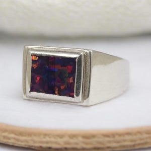 Men's Black Opal Ring 925 Silver, East West Baguette Opal Signet, Rectangular Flush Set Band, Minimalist Flat Inlay, October Birthstone