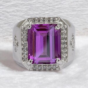 Men's Emerald Cut Amethyst Ring 925 Silver, Rectangular Halo Signet Ring Him, Big Purple Gemstone, Accent Stone Band, February Birthstone