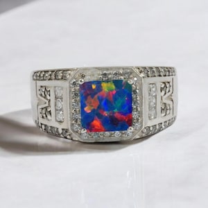 Men's Black Opal Ring 925 Silver, Asscher Shape Fire Opal Signet, Square Cut Gemstone Band, Geometric October Birthstone Ring For Him