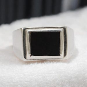 Men's East West Black Onyx Ring 925 Silver, Rectangular Flat Inlay Signet, Minimalist Flush Set Band Him, Snag Free Executive Jewelry