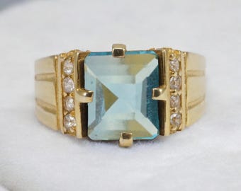 Men's Gold Asscher Aquamarine Ring, Retro Executive Signet, March Birthstone Band