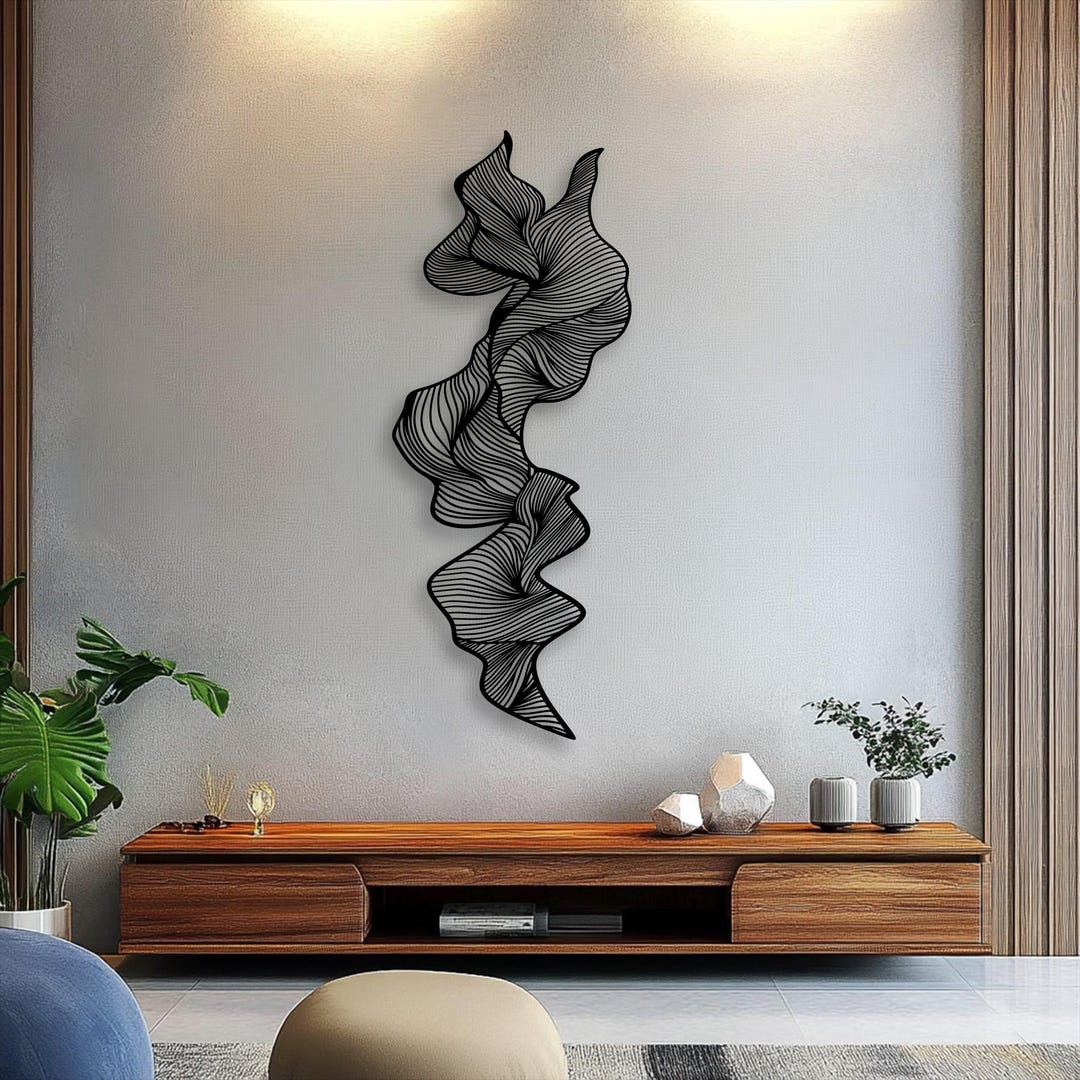 Abstract Metal Wall Art – Flowing Wave Sculpture, Modern Black