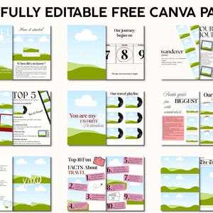 Pu&ograve; includere: Una raccolta di pagine Canva con design a tema viaggio. Le pagine presentano testo come "The Wanderer", "Our Journey" e "Top 5". La combinazione di colori include verde, blu e bianco, con illustrazioni di paesaggi e nuvole.