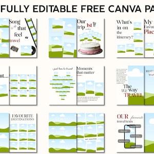 Pu&ograve; includere: Una raccolta di modelli di pagine Canva a tema viaggio. Le pagine presentano vari layout con testo come "Song that feel travel", "Our trip 1st" e "My Favourite Places". Il design incorpora immagini di paesaggi e una tavolozza di colori chiari.