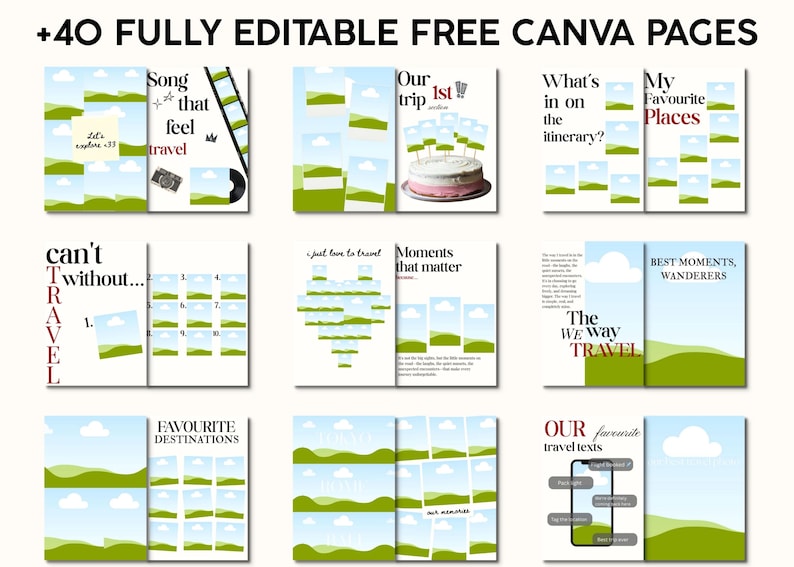 Pu&ograve; includere: Una raccolta di modelli di pagine Canva a tema viaggio. Le pagine presentano vari layout con testo come "Song that feel travel", "Our trip 1st" e "My Favourite Places". Il design incorpora immagini di paesaggi e una tavolozza di colori chiari.