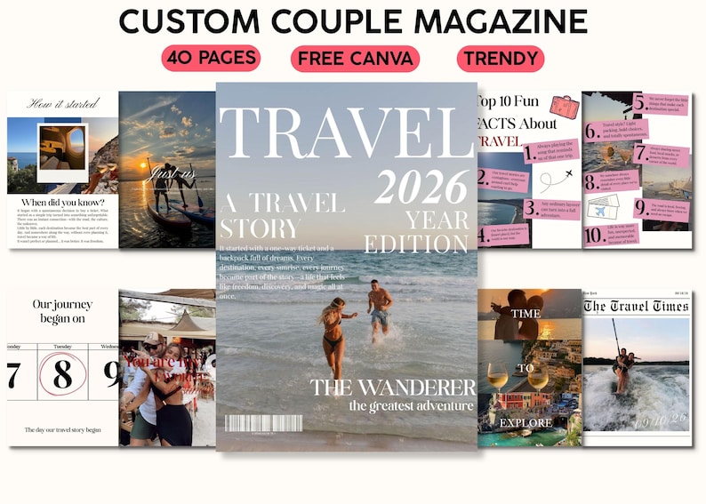 Modello di rivista di viaggi modificabile su Canva / Album fotografico personalizzato per le vacanze / Regalo personalizzato per conservare i ricordi di viaggio immagine 1