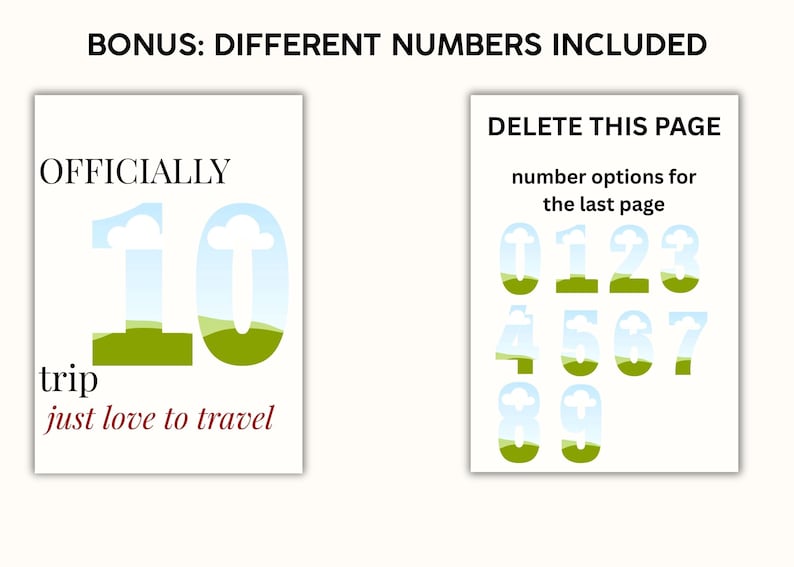 Pu&ograve; includere: Due carte bianche con testo e numeri. Una carta dice "OFFICIALLY 10 trip just love to travel". L'altra carta dice "DELETE THIS PAGE number options for the last page" con i numeri 0-9.