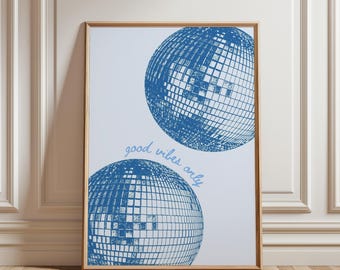 Dark Blue Disco Art Print, Preppy Coquette Wall Art, Trendy Blue Poster, Aesthetic Wall Decor, College Apartment Decor