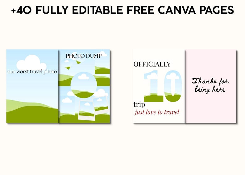 Pu&ograve; includere: Un design grafico con pagine Canva a tema viaggio. I modelli includono frasi come "Photo Dump", "Officially 10" e "Grazie per essere qui". Il design incorpora cieli blu, colline verdi e illustrazioni di nuvole.