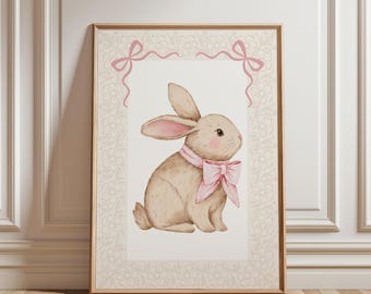 Coquette Easter Bunny Wall Art, Cottagecore Rabbit Printable, Pink Bow Bunny Decor, Soft Pastel Spring Wall Art, Vintage Easter