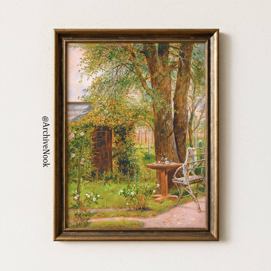 Vintage Cottage Garden Painting Print Rustic Garden Table Scene Floral ...