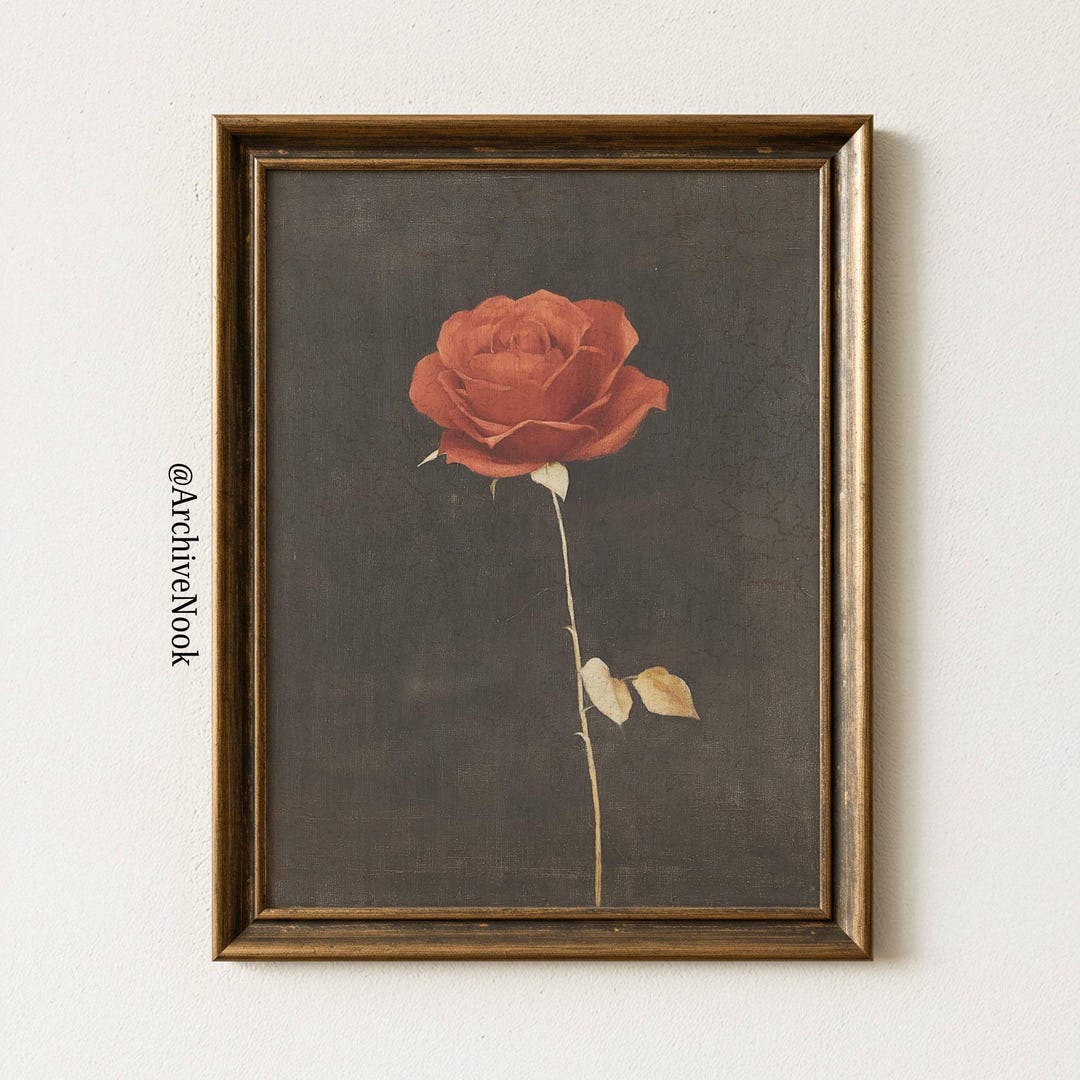 Vintage Red Rose Printable Wall Art Dark Floral Painting Antique ...