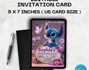 Stitch and angel birthday invitation, Stitch birthday party invitation, Kids party invite, Editable Canva template