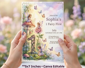 Fairy First Birthday Invitation, Editable Fairy 1st Birthday Invite, Enchanted Garden Party, My Fairy First Birthday Canva Template