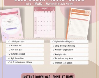 2026 Daily Weekly Monthly Busy Mom Planner Printable Family Organizer (PDF Download) Print at home Mother Brain Dump Planner