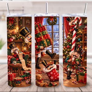 Op de afbeelding: Een cilindervormige roestvrijstalen beker met een rondlopende kerstscène met notenkrakerfiguren, ingepakte cadeaus, een versierde boom, een teddybeer en een open haard. Het ontwerp is voorzien van een doorzichtig deksel en een rietje in feestelijke kleuren.