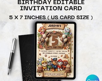 Editable Paw-ty Birthday Invitation Template, Puppy Patrol Pup Boys & Girls Bday, Kids Party Invitation, Digital Download, Kids Paw-ty