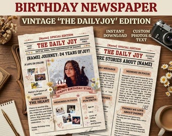Editable Birthday Newspaper Template with Photos, Canva Party Invitation, Custom News Poster, Printable Newspaper, Instant Download