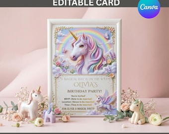 Editable Unicorn Birthday Invitation Template, Magical Rainbow Girls Party Invite, Pastel Unicorn Canva Template, Instant Download Printable