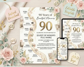 Floral 90th Birthday Invitation Template, Wildflowers 90 Years Loved Editable Photo Invite Canva editable 90th birthday