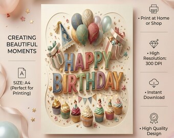 Happy Birthday Printable Graphic, Retro Birthday Shirt Design, Birthday Wall Art Decor, Digital Clip Art for Tote Bags, High Res PNG & PDF