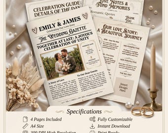 Editable Wedding Newspaper Template with Photos, Canva Party Invitation, Custom News Poster, Printable Newspaper, Instant Download