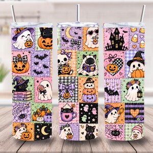 Étiquette de gobelet patchwork pastel pour Halloween (PNG), Étiquette de gobelet rétro mignonne style campagne fantôme, Étiquette de gobelet pastel, Gobelet Halloween 20 oz (PNG)